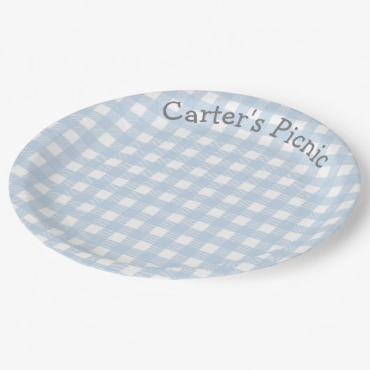 Blue Gingham Picnic Print Baby Birthday Party Papieren Bordje (Gekanteld)