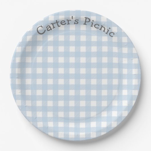 Blue Gingham Picnic Print Baby Birthday Party Papieren Bordje (Voorkant)