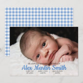 Blue Gingham Piggy Baby Birth Announding Foto Aankondiging (Voorkant / Achterkant)