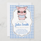 Blue Gingham Piggy Baby shower Invitation Kaart (Voorkant)