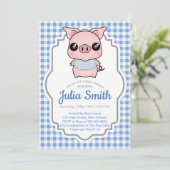 Blue Gingham Piggy Baby shower Invitation Kaart (Staand voorkant)