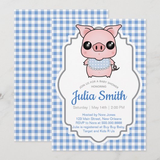 Blue Gingham Piggy Baby shower Invitation Kaart (Voorkant / Achterkant)