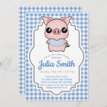 Blue Gingham Piggy Baby shower Invitation