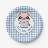 Blue Gingham Piggy Baby shower Papieren Bordje (Voorkant)
