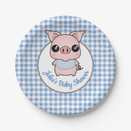 Blue Gingham Piggy Baby shower Papieren Bordje