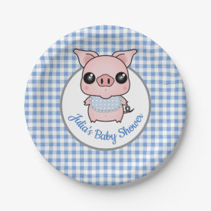 Blue Gingham Piggy Baby shower Papieren Bordje