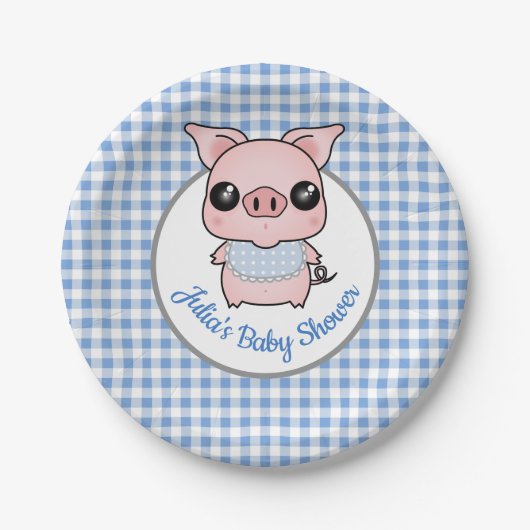 Blue Gingham Piggy Baby shower Papieren Bordje (Voorkant)