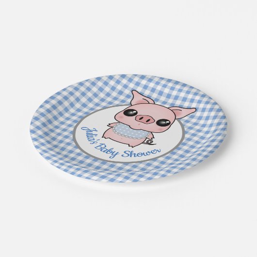 Blue Gingham Piggy Baby shower Papieren Bordje (Gekanteld)