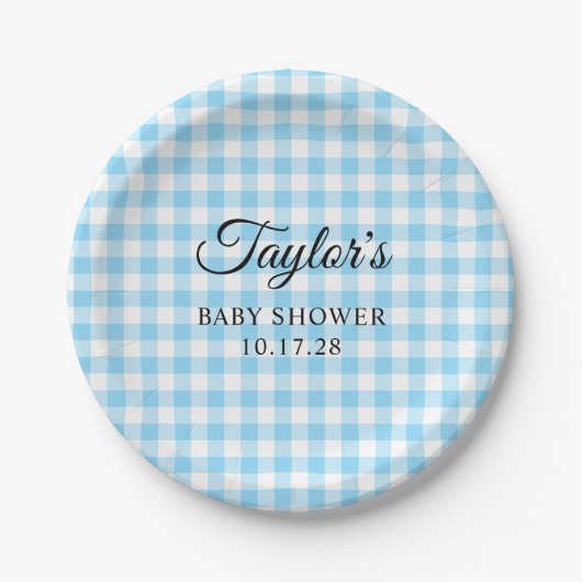 Blue Gingham Plaid Baby Shower Papieren Bordje (Voorkant)