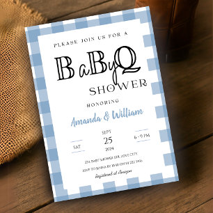 Blue Gingham Plaid BBQ Baby Couples Douche Kaart