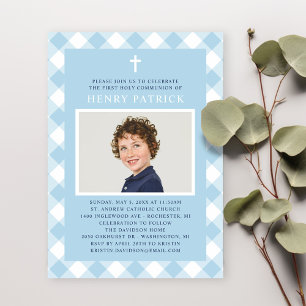 Blue Gingham Plaid Eerste Communie voor Jongen Fot Kaart