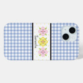 Blue Gingham Plaid Floral Monogram Case-Mate iPhone Case (Achterkant (horizontaal))