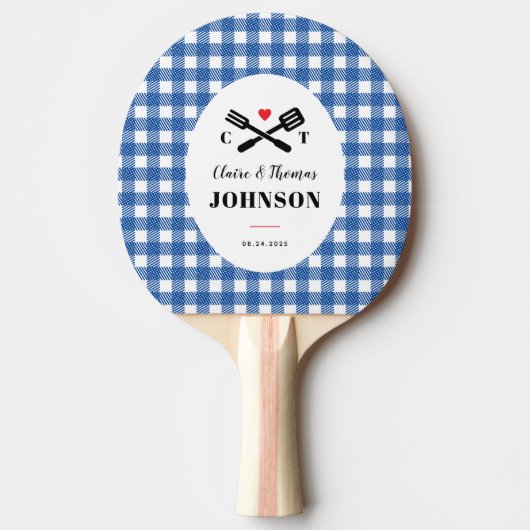 Blue Gingham Plaid Grill Monogram Bruiloft Tafeltennisbatje (Voorkant)