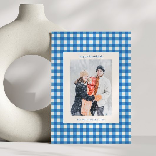 Blue Gingham Plaid Hanukkah Photo Custom Message Feestdagenkaart