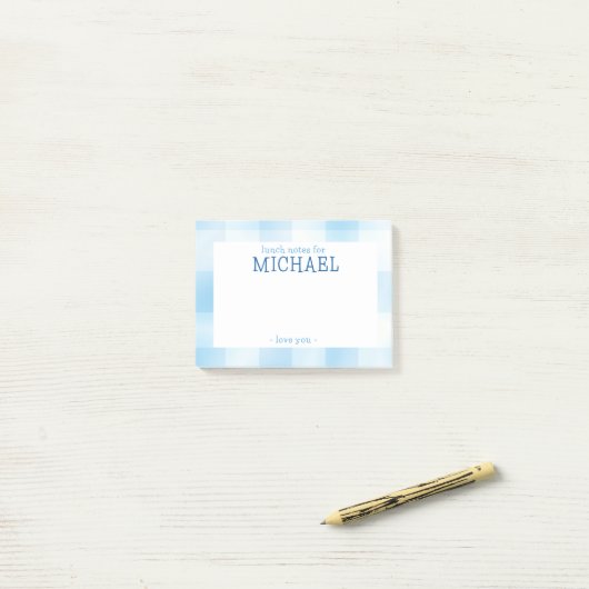 Blue Gingham Plaid Kinder gepersonaliseerde lunchb Post-it® Notes (Op bureau)