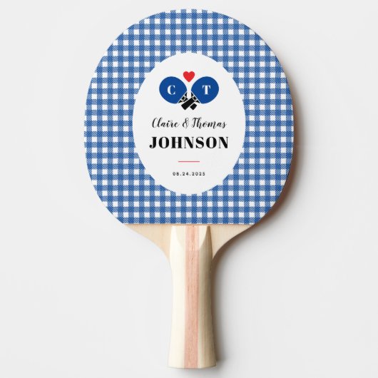 Blue Gingham Plaid Ping Pong Monogram Bruiloft Tafeltennisbatje (Voorkant)