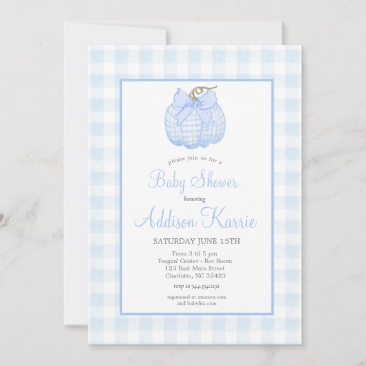 Blue Gingham Pompoen Baby shower Invitation Kaart (Voorkant)