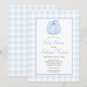 Blue Gingham Pompoen Baby shower Invitation Kaart (Voorkant / Achterkant)