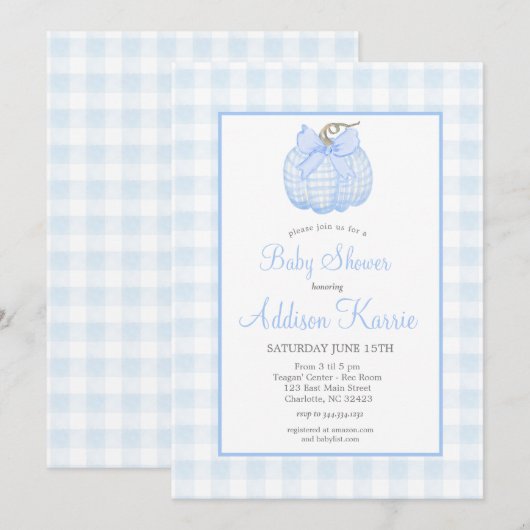 Blue Gingham Pompoen Baby shower Invitation Kaart (Voorkant / Achterkant)