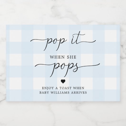 Blue Gingham Pop het als ze Pop voor wijnlabel Sparkling Wijnetiket (Enkel label)