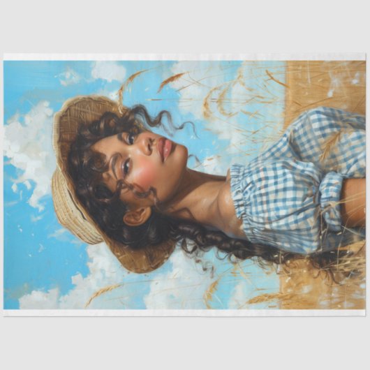 Blue Gingham Prairie Girl Platteland Decoupage Tissuepapier (Voorkant)