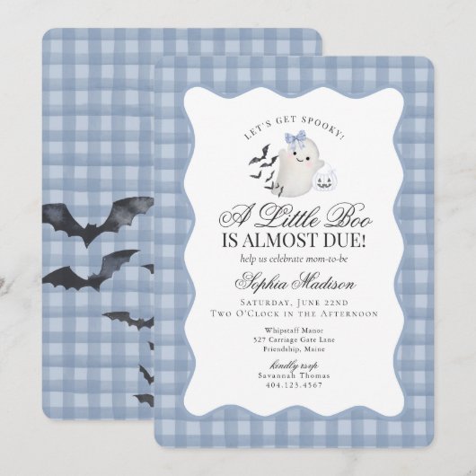Blue Gingham Preppy Ghost Little Boo Baby Shower Kaart (Voorkant / Achterkant)