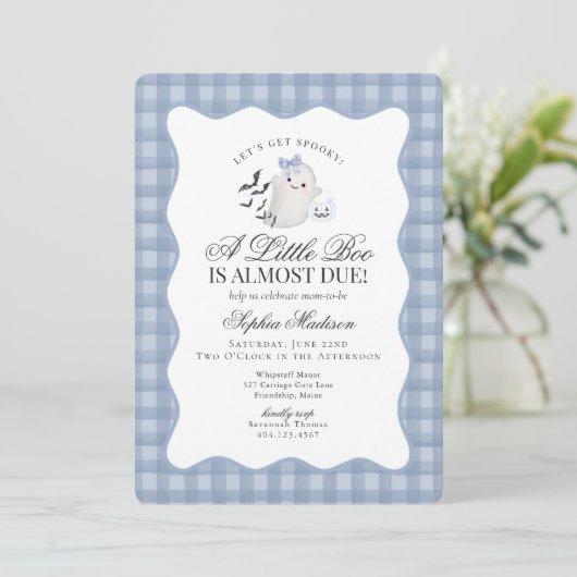 Blue Gingham Preppy Ghost Little Boo Baby Shower Kaart (Staand voorkant)