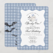 Blue Gingham Preppy Ghost Spooky One 1st Birthday Kaart (Voorkant / Achterkant)
