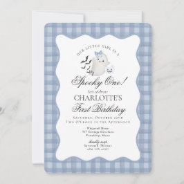 Blue Gingham Preppy Ghost Spooky One 1st Birthday Kaart