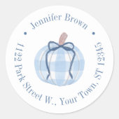 Blue Gingham Pumpkin Baby shower retouradres Ronde Sticker (Voorkant)