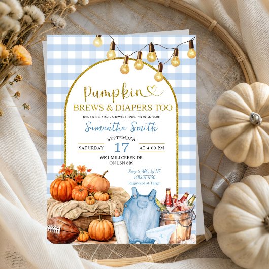 Blue Gingham Pumpkin Brews & Luiers Baby shower Kaart