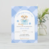 Blue Gingham Puppy Baby Shower Kaart (Staand voorkant)