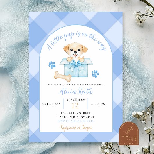 Blue Gingham Puppy Baby Shower Kaart
