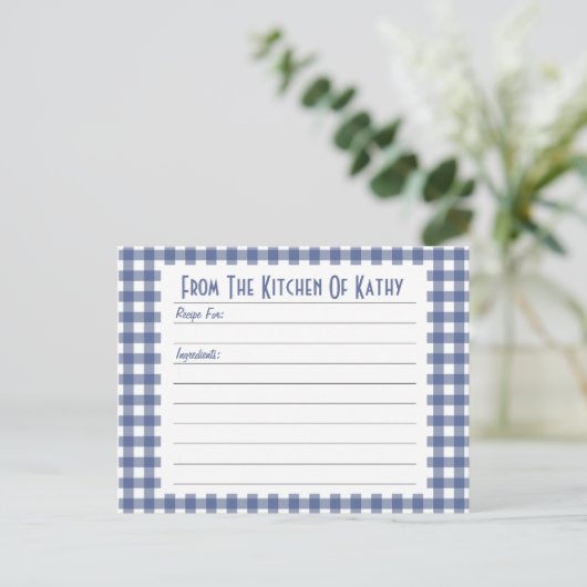 Blue Gingham Recipe Card Briefkaart (Staand voorkant)