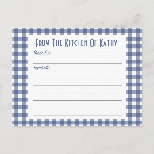 Blue Gingham Recipe Card Briefkaart (Voorkant)