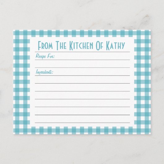 Blue Gingham Recipe Card Briefkaart (Voorkant)
