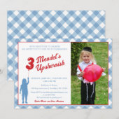 Blue Gingham Red Balloon Upsherin Fotouitnodiging Kaart (Voorkant / Achterkant)