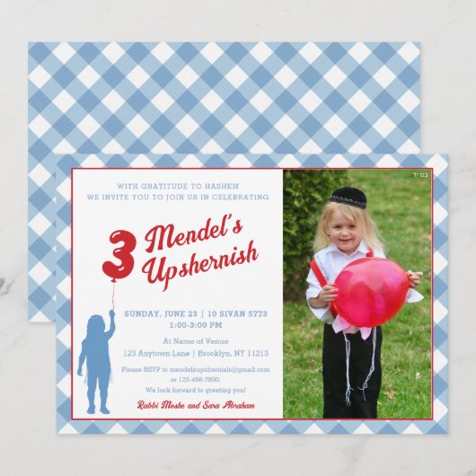 Blue Gingham Red Balloon Upsherin Fotouitnodiging Kaart (Voorkant / Achterkant)