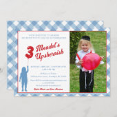 Blue Gingham Red Balloon Upsherin Fotouitnodiging Kaart (Voorkant / Achterkant)