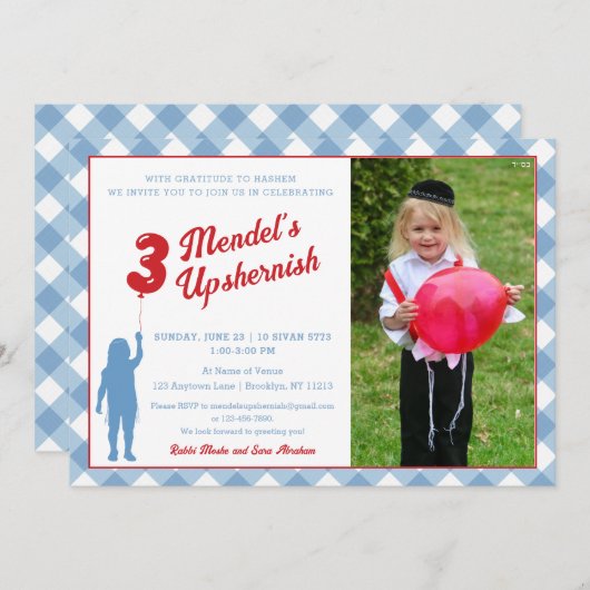 Blue Gingham Red Balloon Upsherin Fotouitnodiging Kaart (Voorkant / Achterkant)