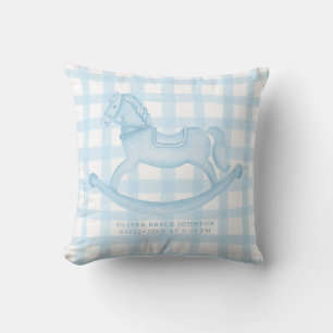 Blue Gingham Rocking Horse Baby Boy Geboortekussen Kussen