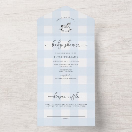 Blue Gingham Rocking Horse Baby shower All In One Uitnodiging (Binnen)