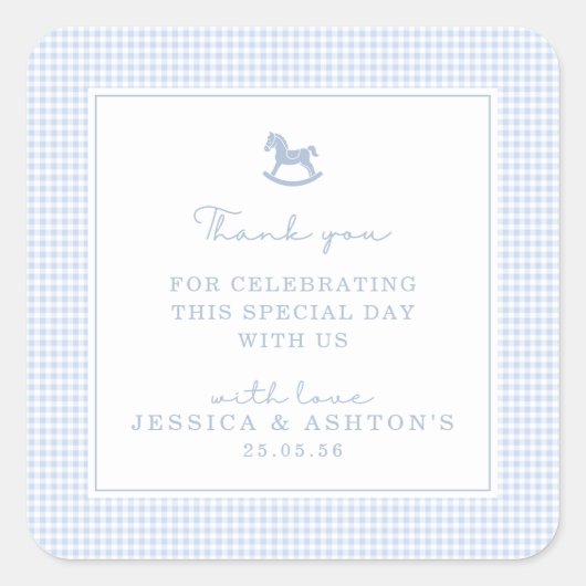 Blue Gingham Rocking Horse Baby shower Bedankt Vierkante Sticker (Voorkant)