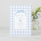 Blue Gingham Rocking Horse Baby shower Kaart (Staand voorkant)