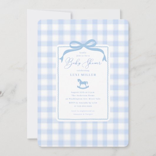 Blue Gingham Rocking Horse Baby shower Kaart (Voorkant)