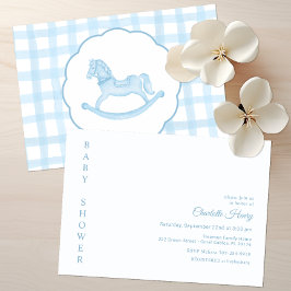 Blue Gingham Rocking Horse Baby shower Kaart