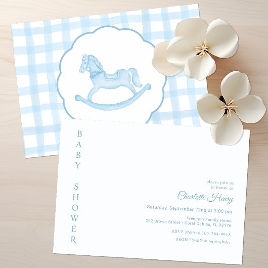 Blue Gingham Rocking Horse Baby shower Kaart