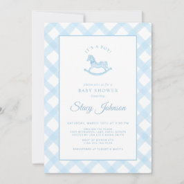 Blue Gingham Rocking Horse Boy Baby shower Uitnodi Kaart