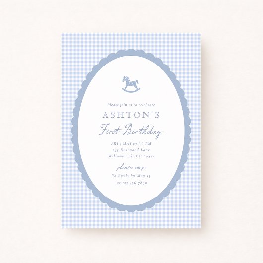 Blue Gingham Rocking Horse Boy Birthday Invitation Aankondiging
