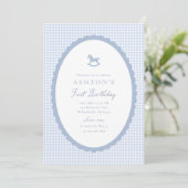 Blue Gingham Rocking Horse Boy Birthday Invitation Aankondiging (Staand voorkant)